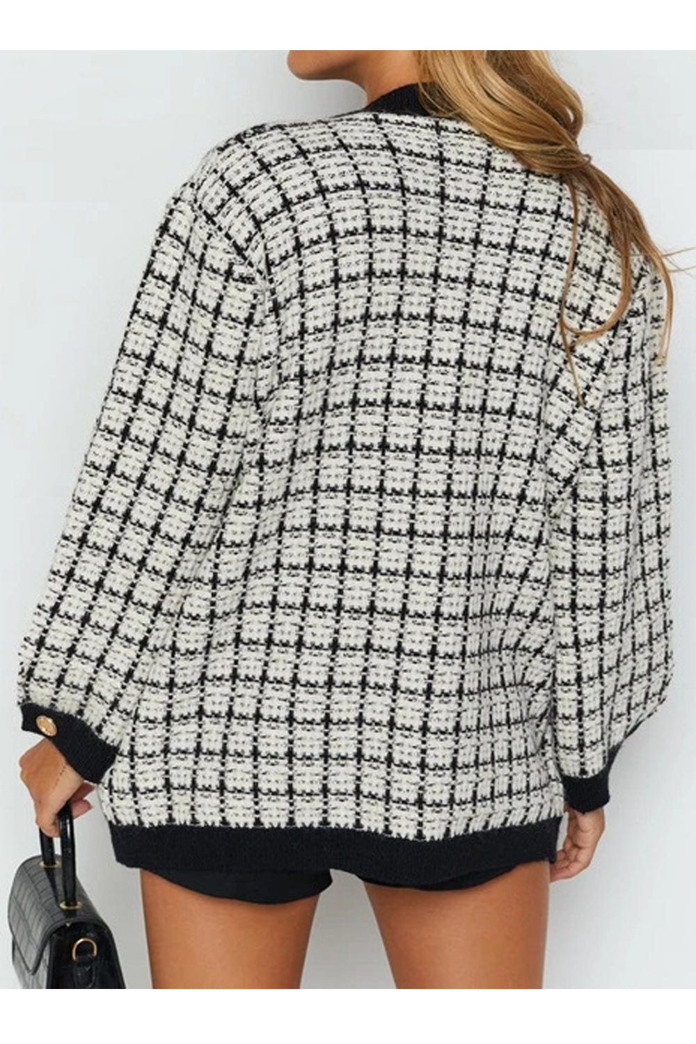 Women Winter Ribbed Cuff Tremendous Plaid Pattern Button Closure Knitted Cardigan