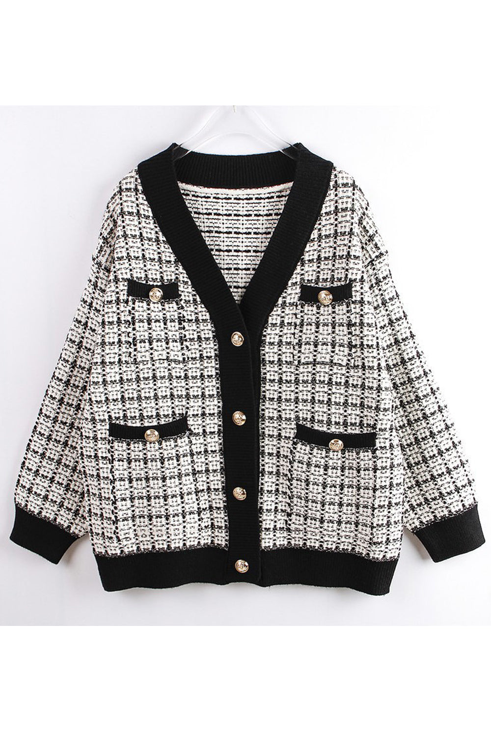 Women Winter Ribbed Cuff Tremendous Plaid Pattern Button Closure Knitted Cardigan