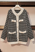 Women Winter Ribbed Cuff Tremendous Plaid Pattern Button Closure Knitted Cardigan