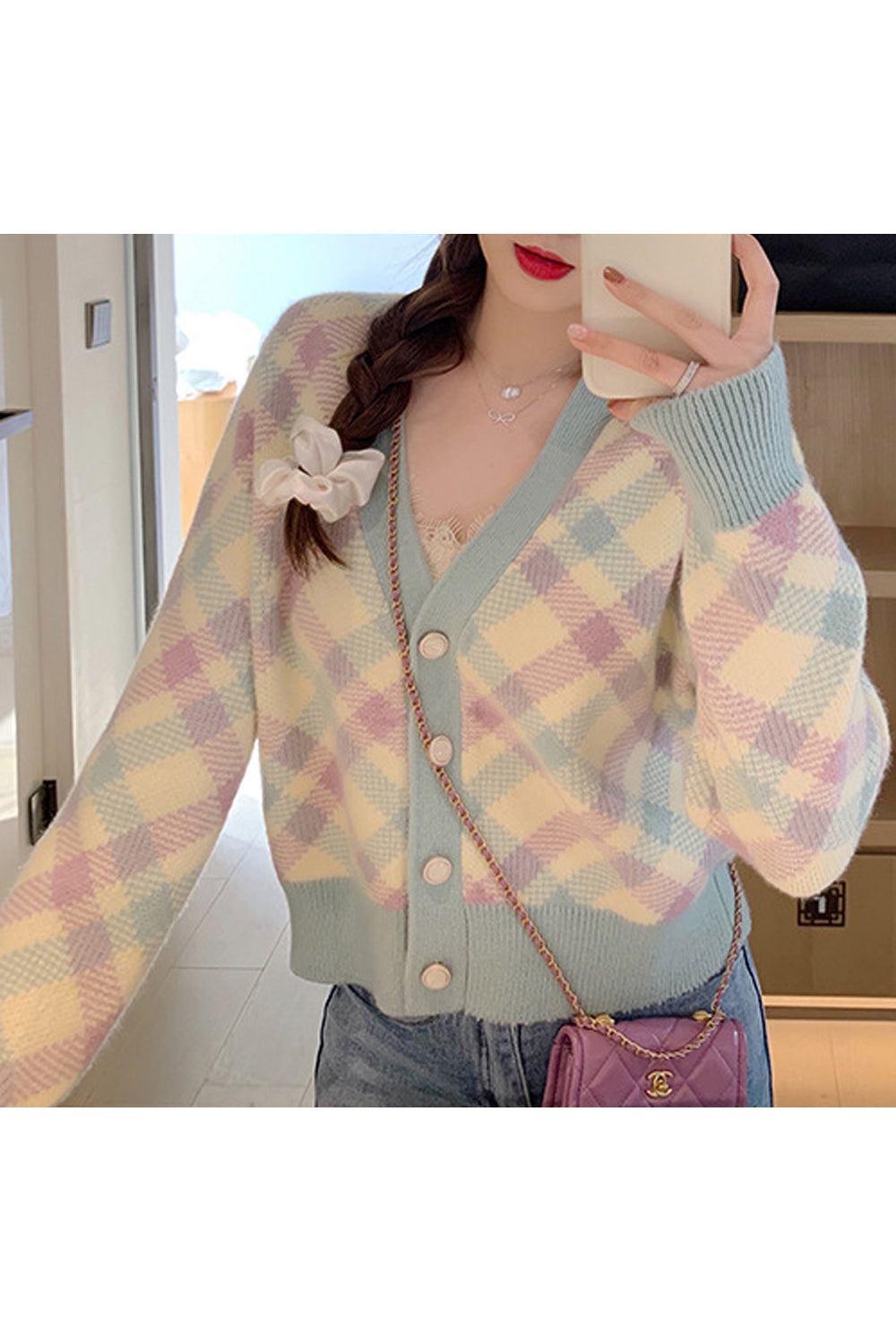 Women Soft & Thick Long Sleeve Winter Short Fashion Superb Plaid Pattern Button Closure Cardigan