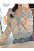 Women Soft & Thick Long Sleeve Winter Short Fashion Superb Plaid Pattern Button Closure Cardigan