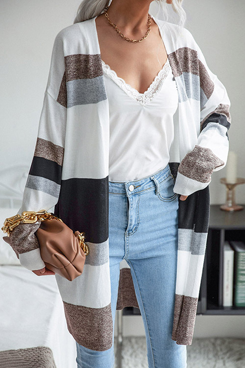 Women Winter Warm Long Sleeve Sophisticated Striped Pattern Casual Mid-Length Cardigan