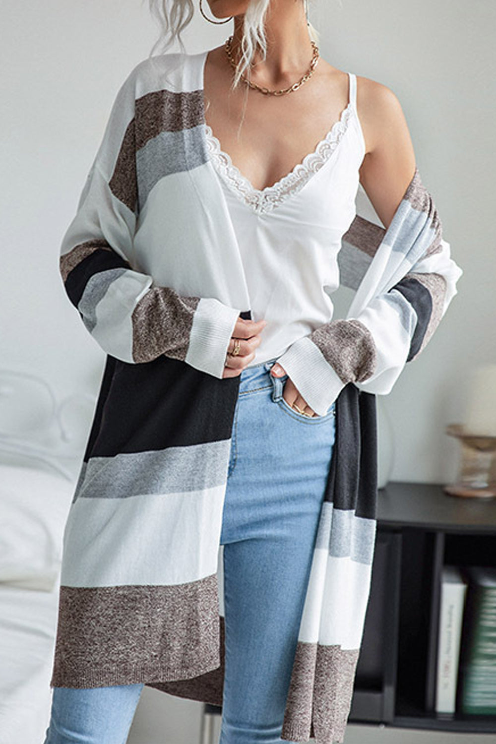 Women Winter Warm Long Sleeve Sophisticated Striped Pattern Casual Mid-Length Cardigan