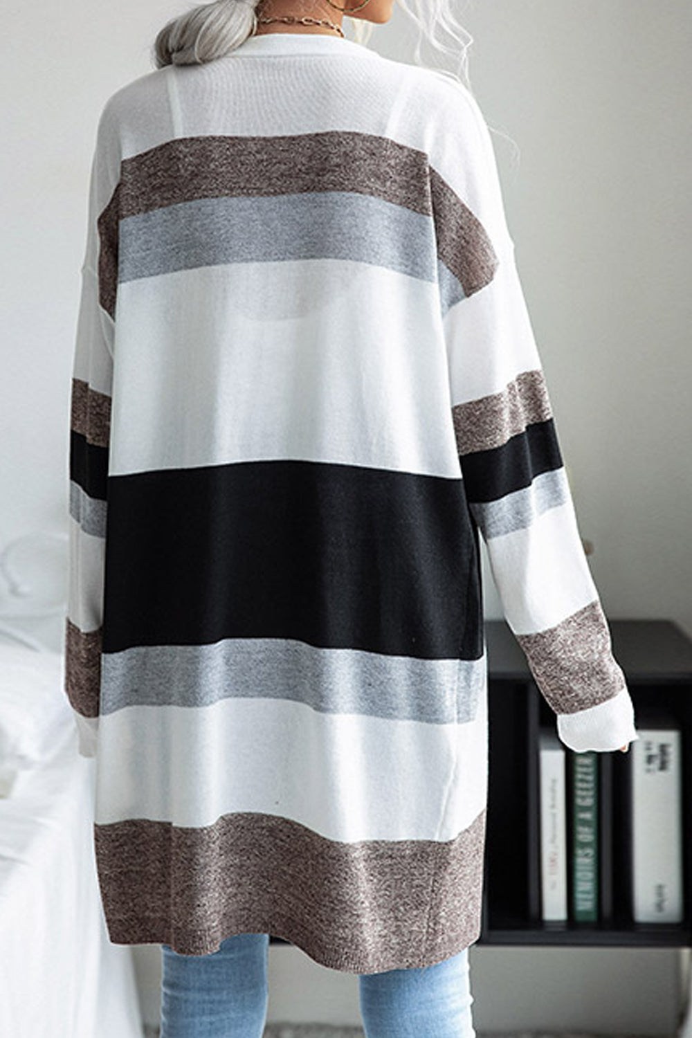 Women Winter Warm Long Sleeve Sophisticated Striped Pattern Casual Mid-Length Cardigan