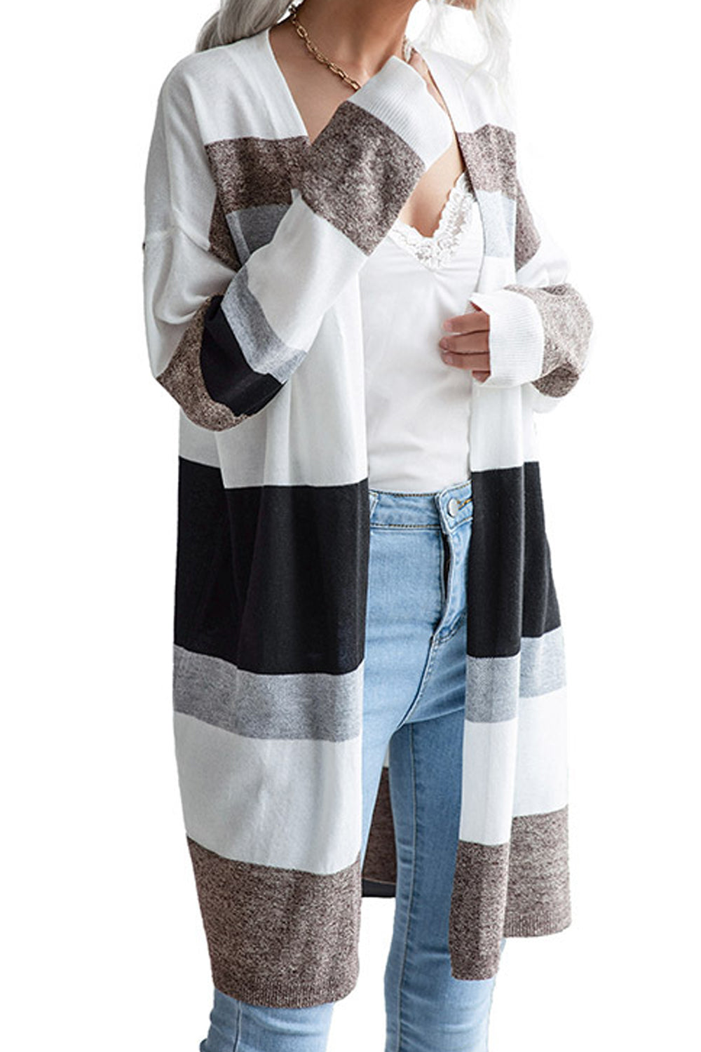 Women Winter Warm Long Sleeve Sophisticated Striped Pattern Casual Mid-Length Cardigan