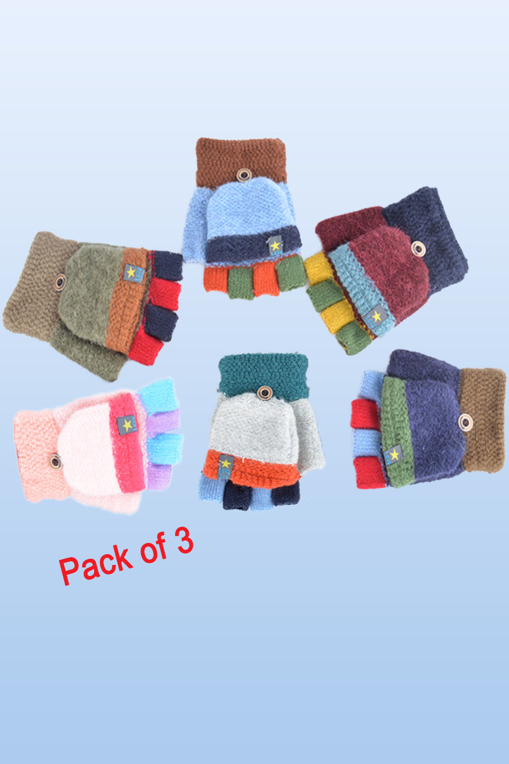 Pack of 3 - Kids Thick Warm Velvet Half Finger Gloves - Any 3 Available Colors