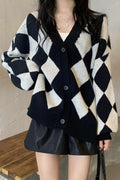 Women Fabulous Plaid Pattern Loose & Warm Long Sleeve Winter Weekend V-Neck Cardigan