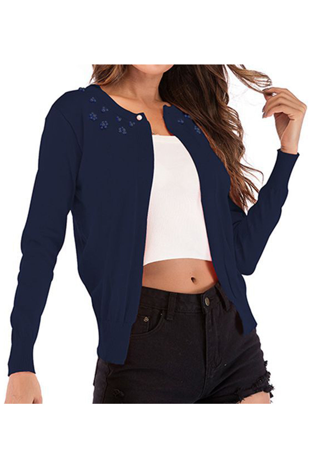 Women Pretty Solid Colored Relaxed Fit Ribbed Cuff Easy Round Neck Knitted Winter Weekend Cardigan
