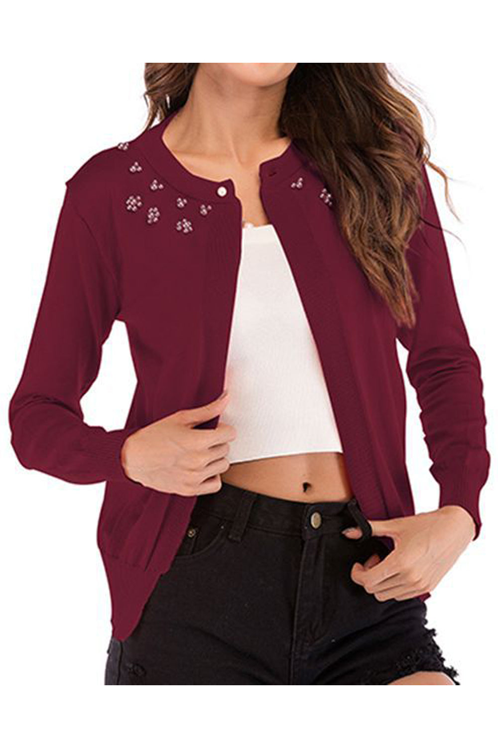 Women Pretty Solid Colored Relaxed Fit Ribbed Cuff Easy Round Neck Knitted Winter Weekend Cardigan