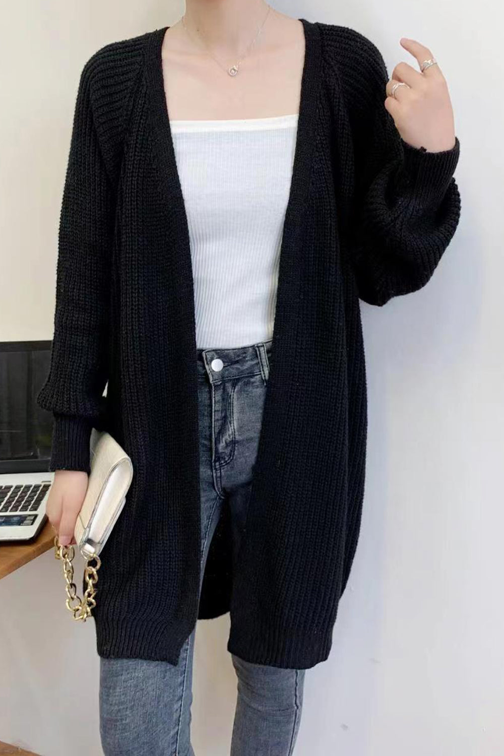 Women Superb Solid Colored Mid-Length Styled Deep V-Neck Warm Long Sleeve Weekend Cardigan