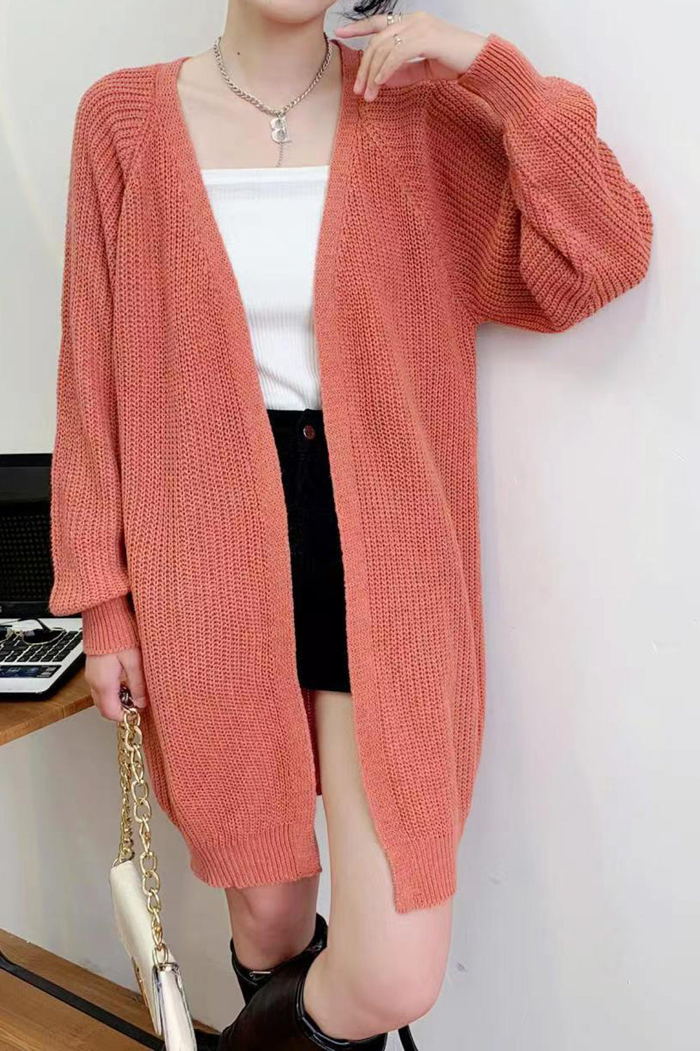 Women Superb Solid Colored Mid-Length Styled Deep V-Neck Warm Long Sleeve Weekend Cardigan
