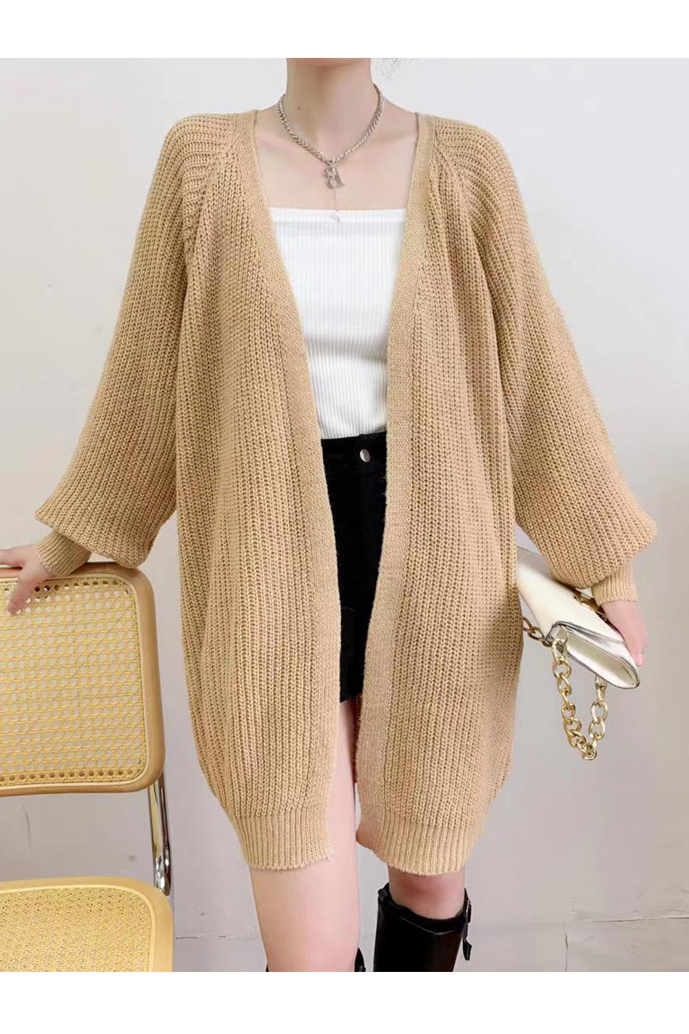 Women Superb Solid Colored Mid-Length Styled Deep V-Neck Warm Long Sleeve Weekend Cardigan