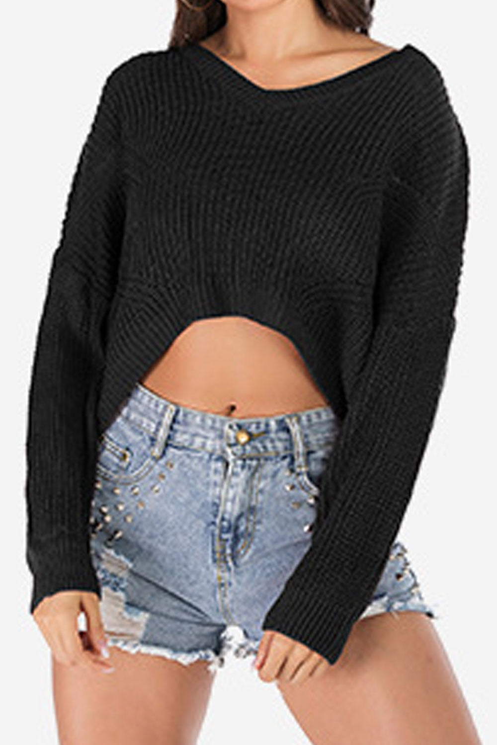 Women Splendid Solid Colored Easy Long Sleeve Winter V-Neck Irregular Styled Pullover Sweater