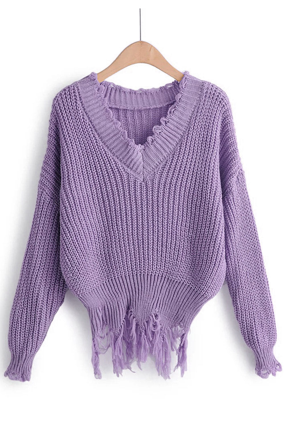 Women Durable & Warm Long Sleeve Ripped Hem Easy V-Neck Fantastic Solid Colored Pullover Sweater