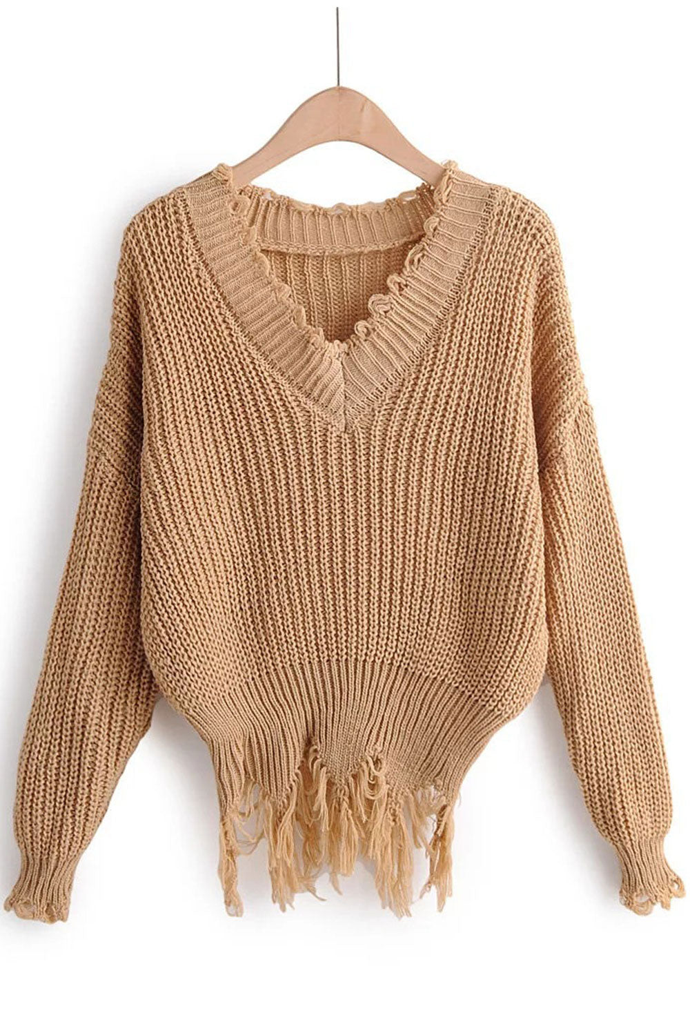 Women Durable & Warm Long Sleeve Ripped Hem Easy V-Neck Fantastic Solid Colored Pullover Sweater