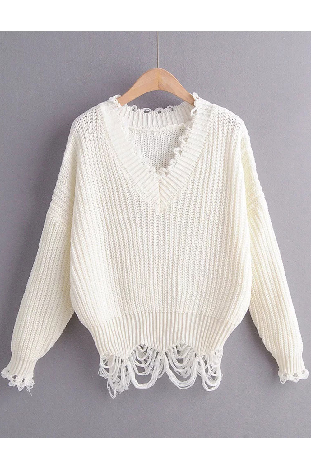 Women Durable & Warm Long Sleeve Ripped Hem Easy V-Neck Fantastic Solid Colored Pullover Sweater
