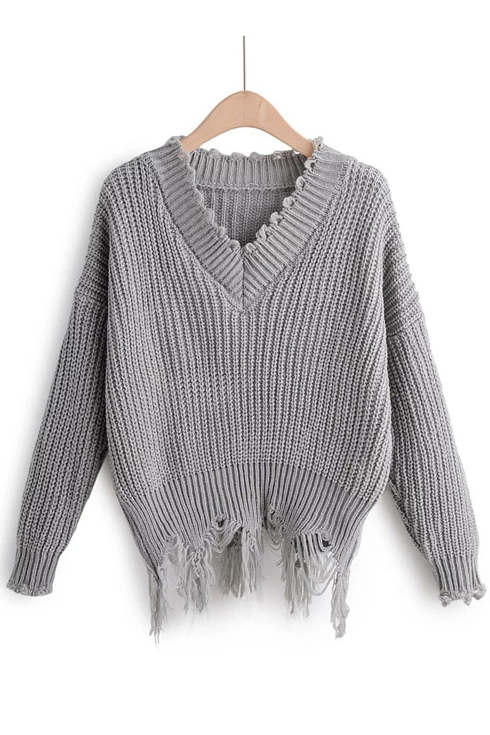 Women Durable & Warm Long Sleeve Ripped Hem Easy V-Neck Fantastic Solid Colored Pullover Sweater