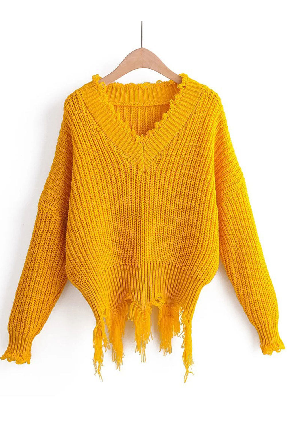 Women Durable & Warm Long Sleeve Ripped Hem Easy V-Neck Fantastic Solid Colored Pullover Sweater