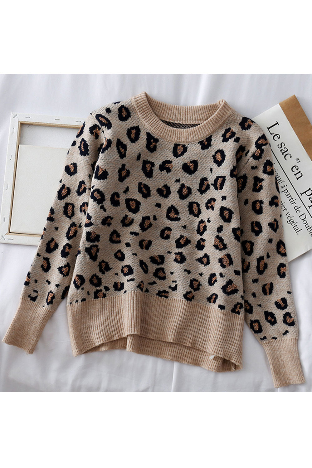 Women Thick & Comfortable Long Sleeve Restful Round Neck Elegent Leopard Pattern Pullover Sweater