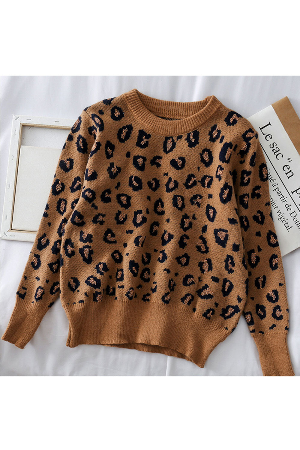 Women Thick & Comfortable Long Sleeve Restful Round Neck Elegent Leopard Pattern Pullover Sweater