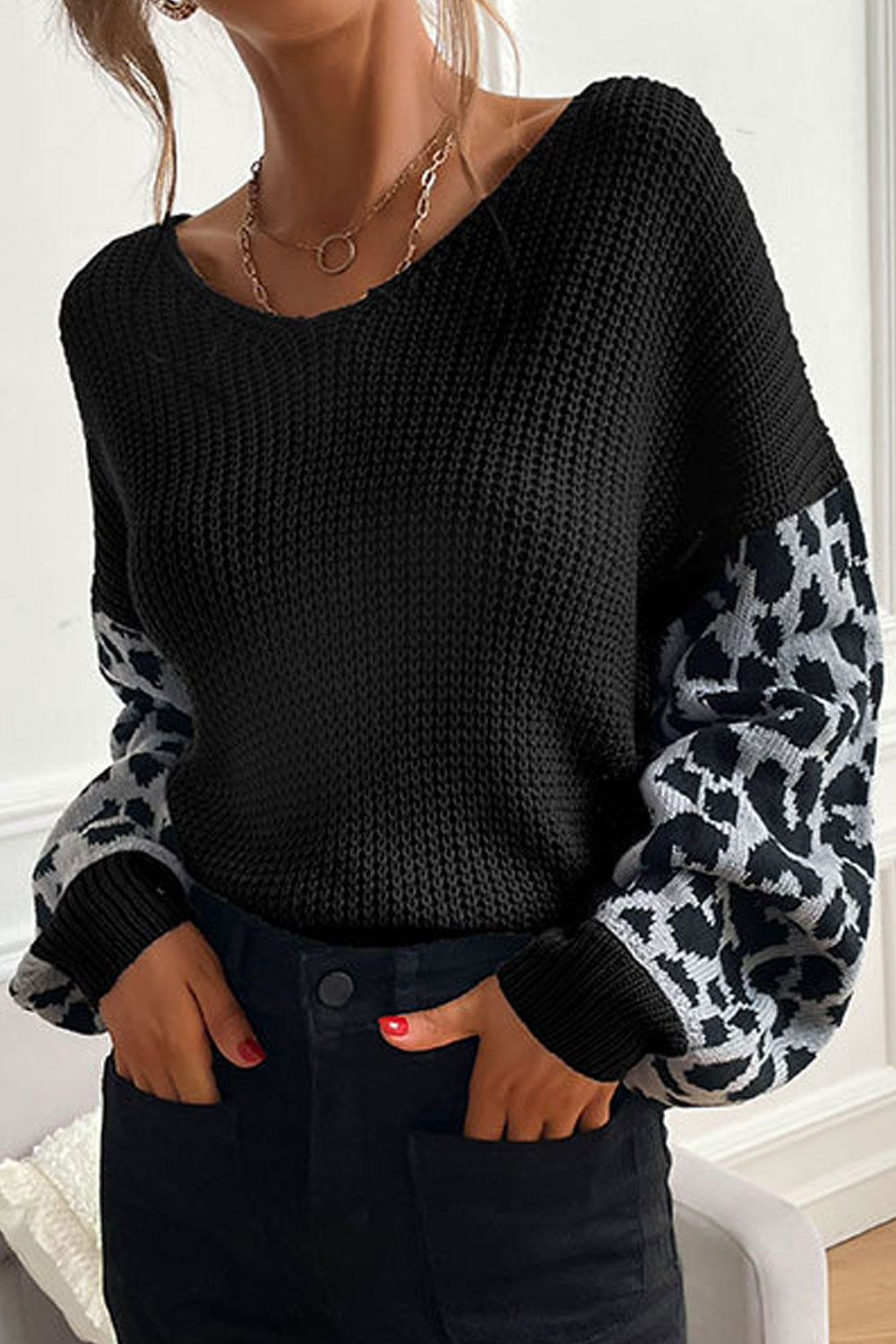 Women Classy Leopard Pattern Loose Long Sleeve Comfy Round Neck Pullover Winter Sweater