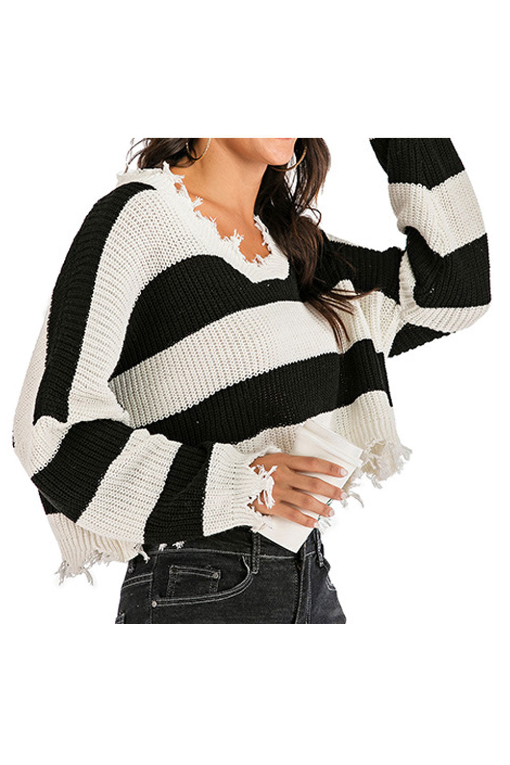 Women Winter Short Styled Awesome Striped Pattern V-Neck Warm Long Sleeve Pullover Sweater