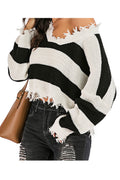 Women Winter Short Styled Awesome Striped Pattern V-Neck Warm Long Sleeve Pullover Sweater