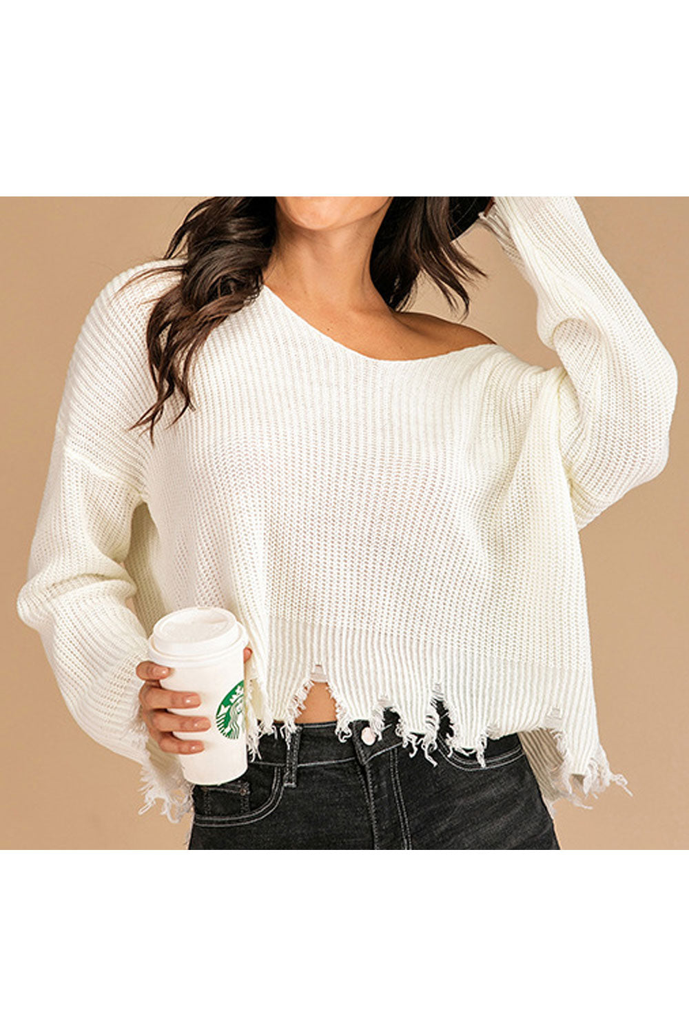 Women Stylish Winter Ripped Pullover Long Sleeve Easy V-Neck Casual Warm Sweater
