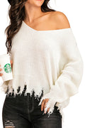 Women Stylish Winter Ripped Pullover Long Sleeve Easy V-Neck Casual Warm Sweater