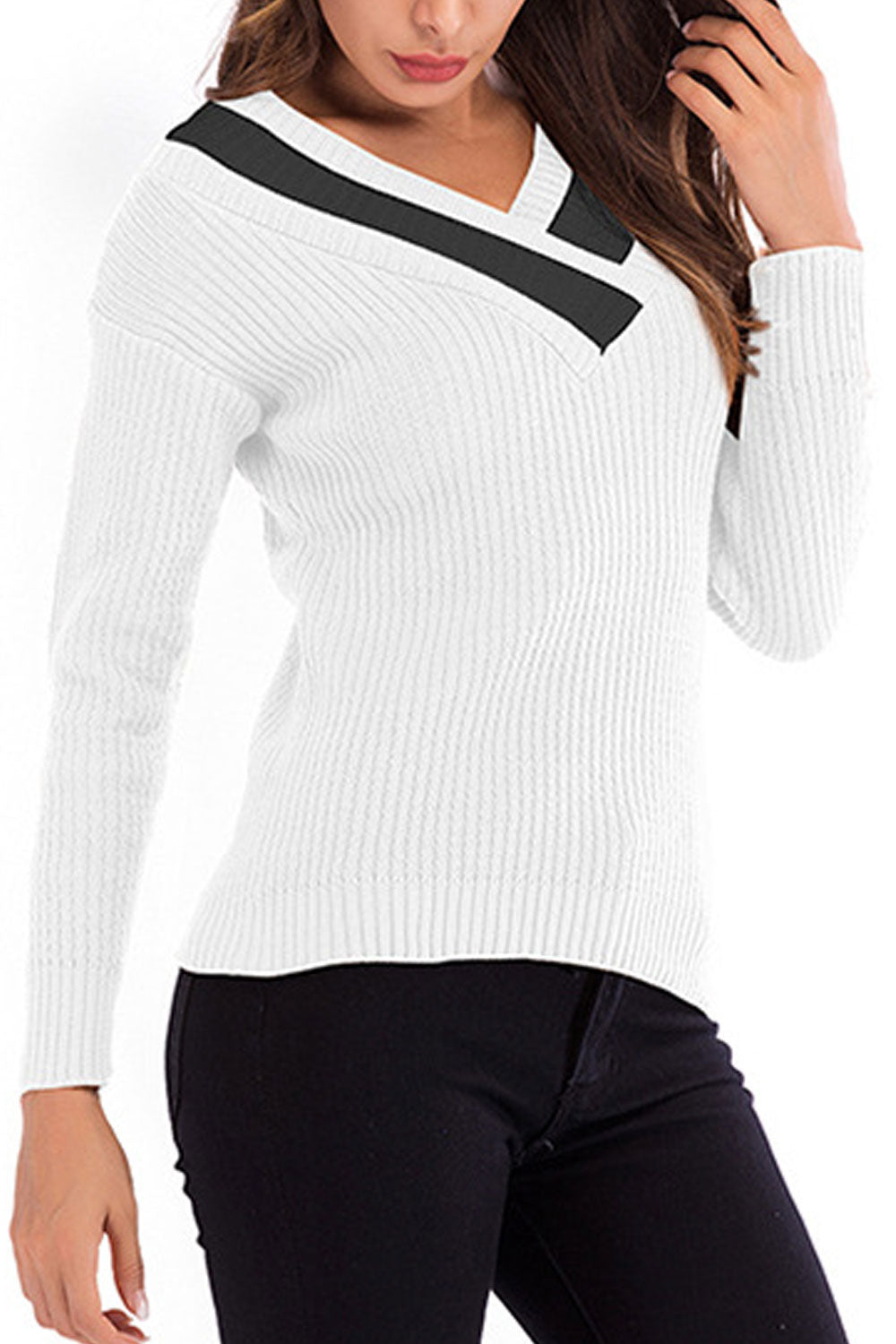 Women Comfortable V-Neck Reliable Long Sleeve Trendy Solid Colored Pullover Sweater
