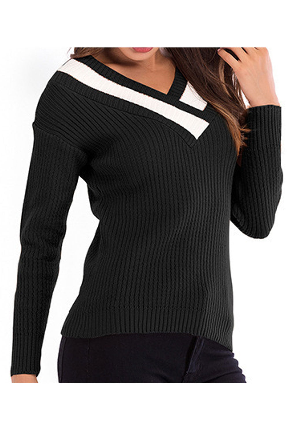 Women Comfortable V-Neck Reliable Long Sleeve Trendy Solid Colored Pullover Sweater