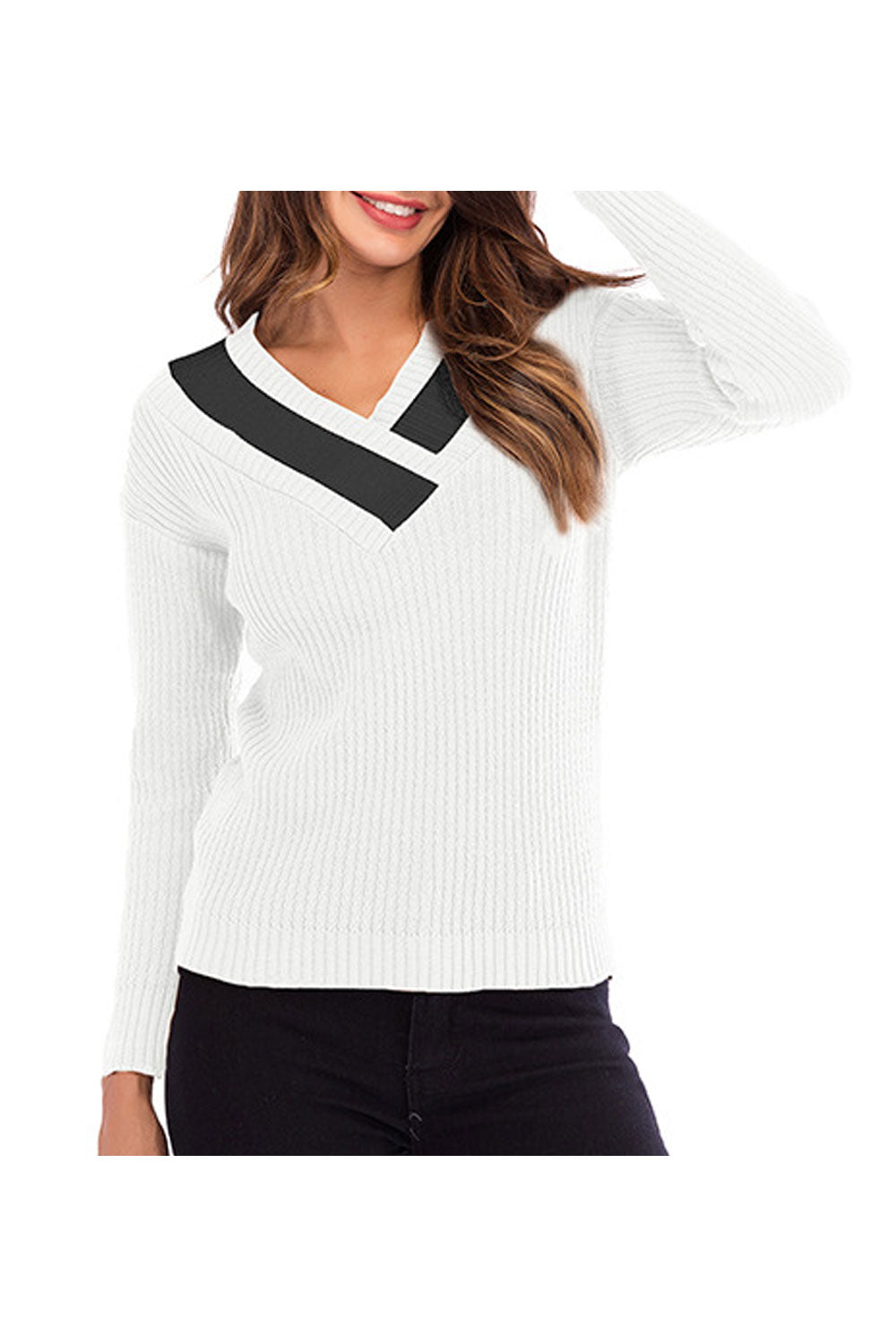 Women Comfortable V-Neck Reliable Long Sleeve Trendy Solid Colored Pullover Sweater