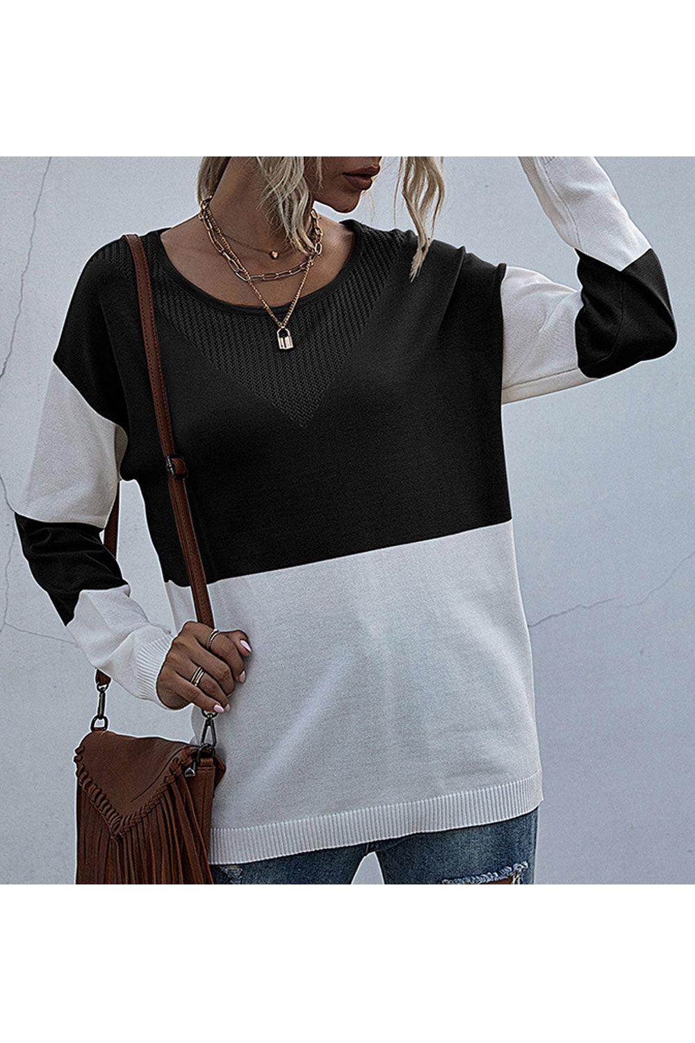 Women Thick Long Sleeve Lovely Striped Pattern Comfy Round Neck Pullover Casual Sweater