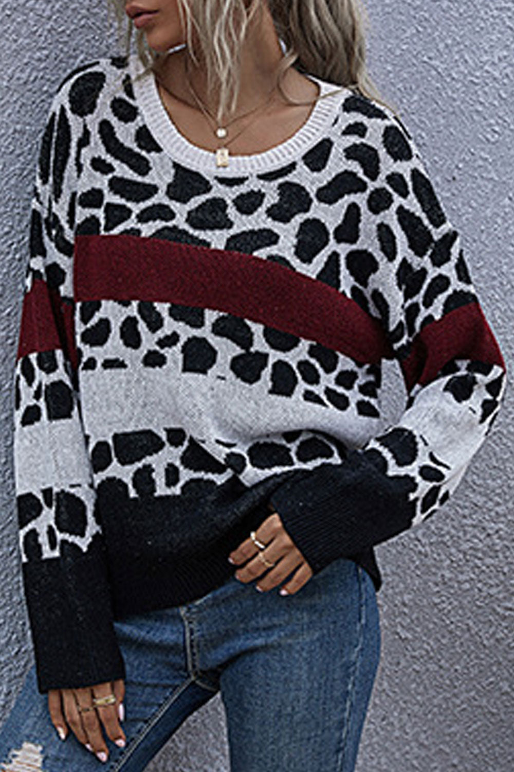 Women Stylish Leopard Pattern Long Sleeve Restful Round Neck Winter Warm Casual Sweater