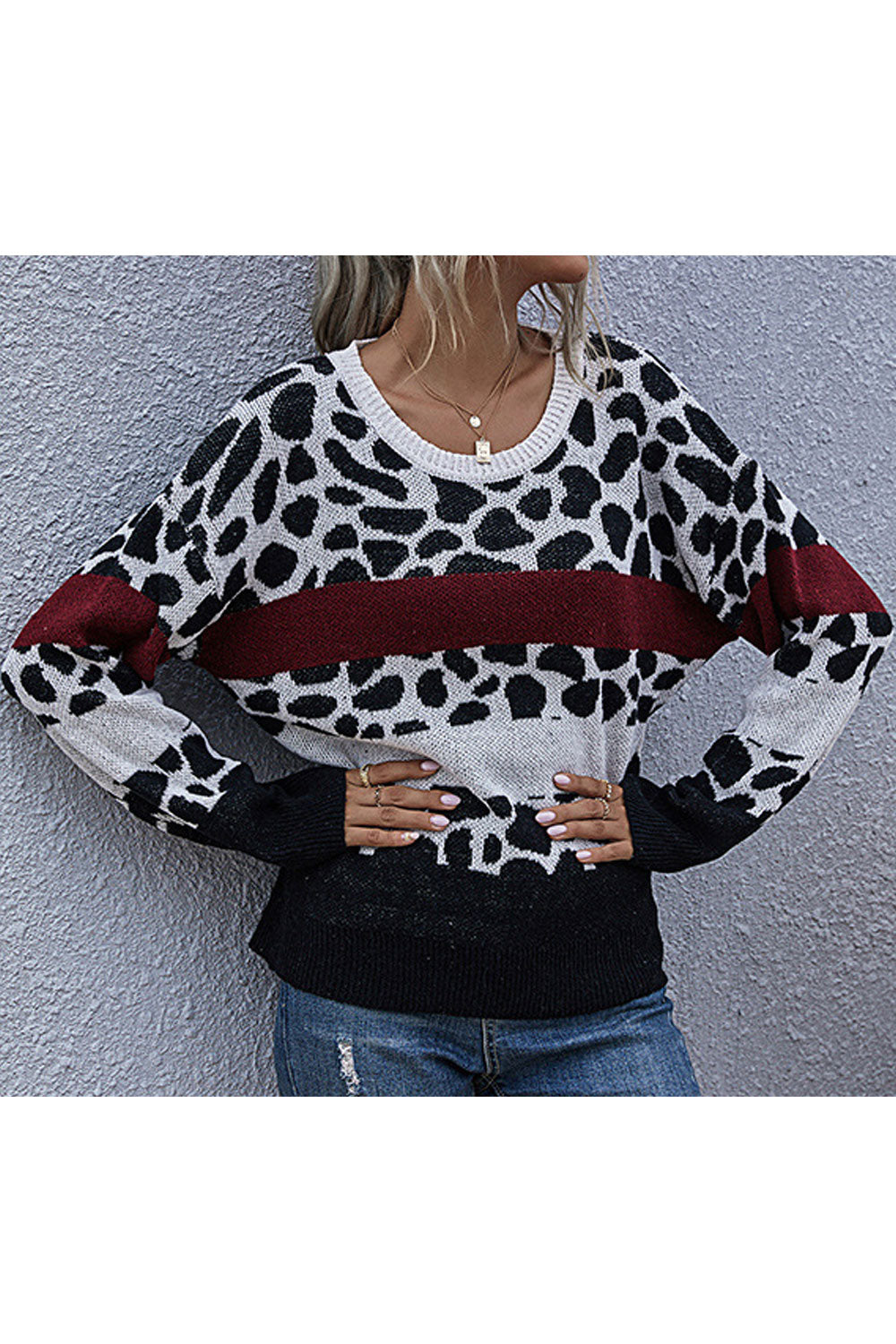 Women Stylish Leopard Pattern Long Sleeve Restful Round Neck Winter Warm Casual Sweater