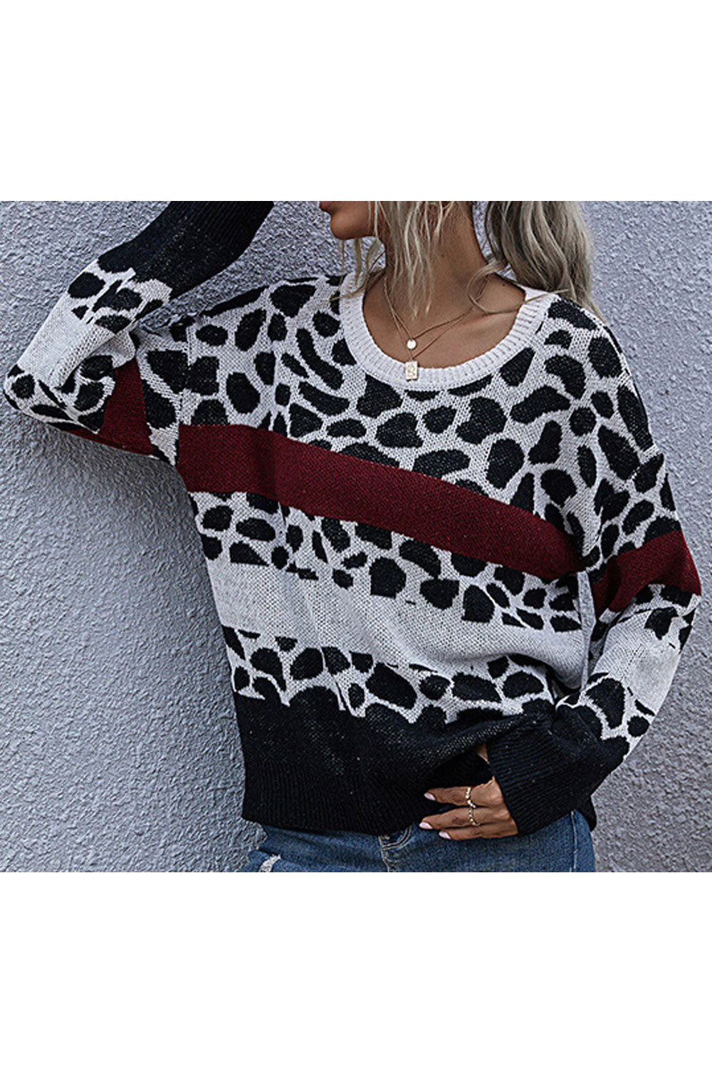 Women Stylish Leopard Pattern Long Sleeve Restful Round Neck Winter Warm Casual Sweater