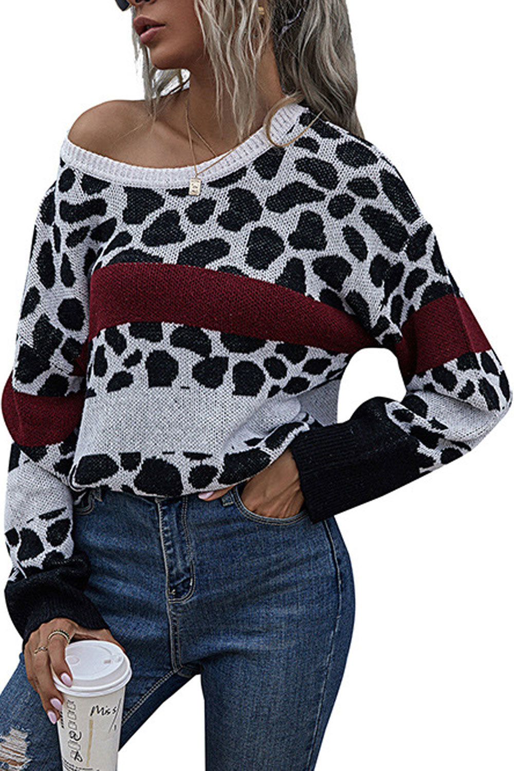 Women Stylish Leopard Pattern Long Sleeve Restful Round Neck Winter Warm Casual Sweater