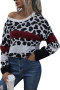 Women Stylish Leopard Pattern Long Sleeve Restful Round Neck Winter Warm Casual Sweater