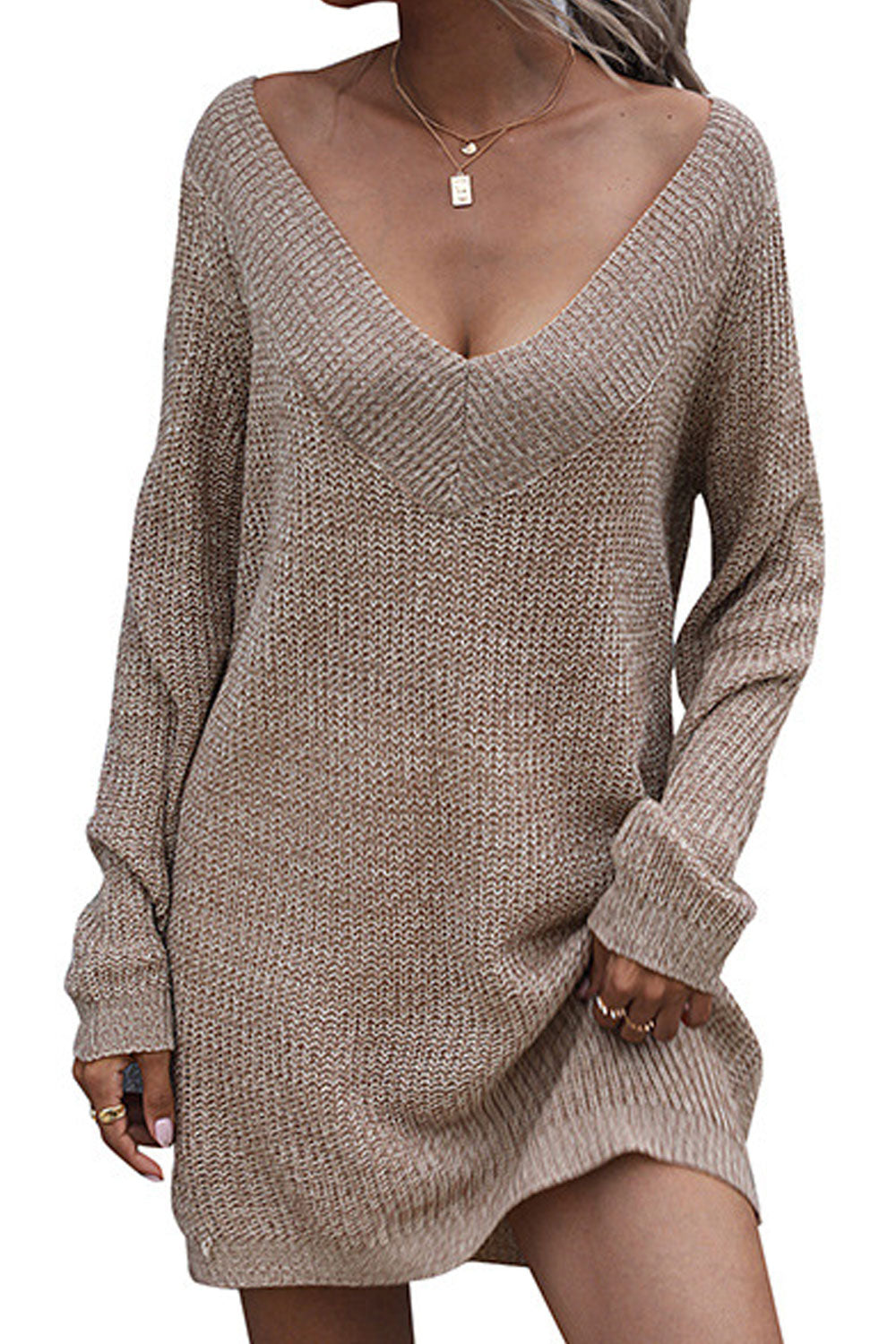 Women Thick Long Sleeve Deep V-Neck Splendid Solid Colored Winter Mid-Length Pullover Sweater
