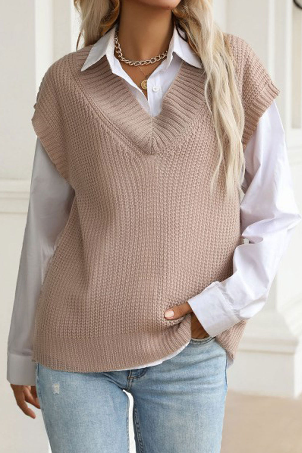 Women Awesome Solid Colored V-Neck Thick & Warm Pullover Winter Sleeveless Sweater