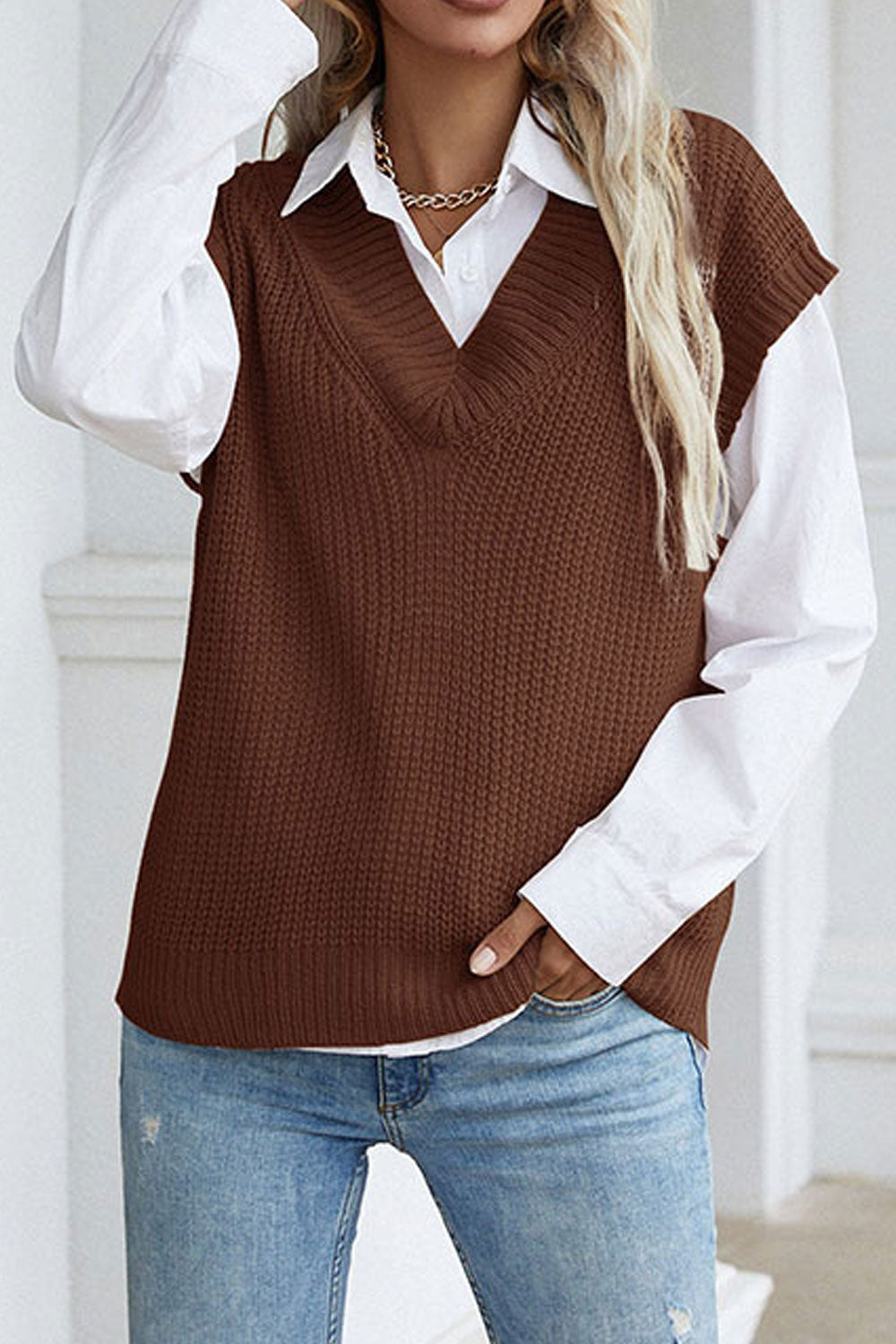 Women Awesome Solid Colored V-Neck Thick & Warm Pullover Winter Sleeveless Sweater
