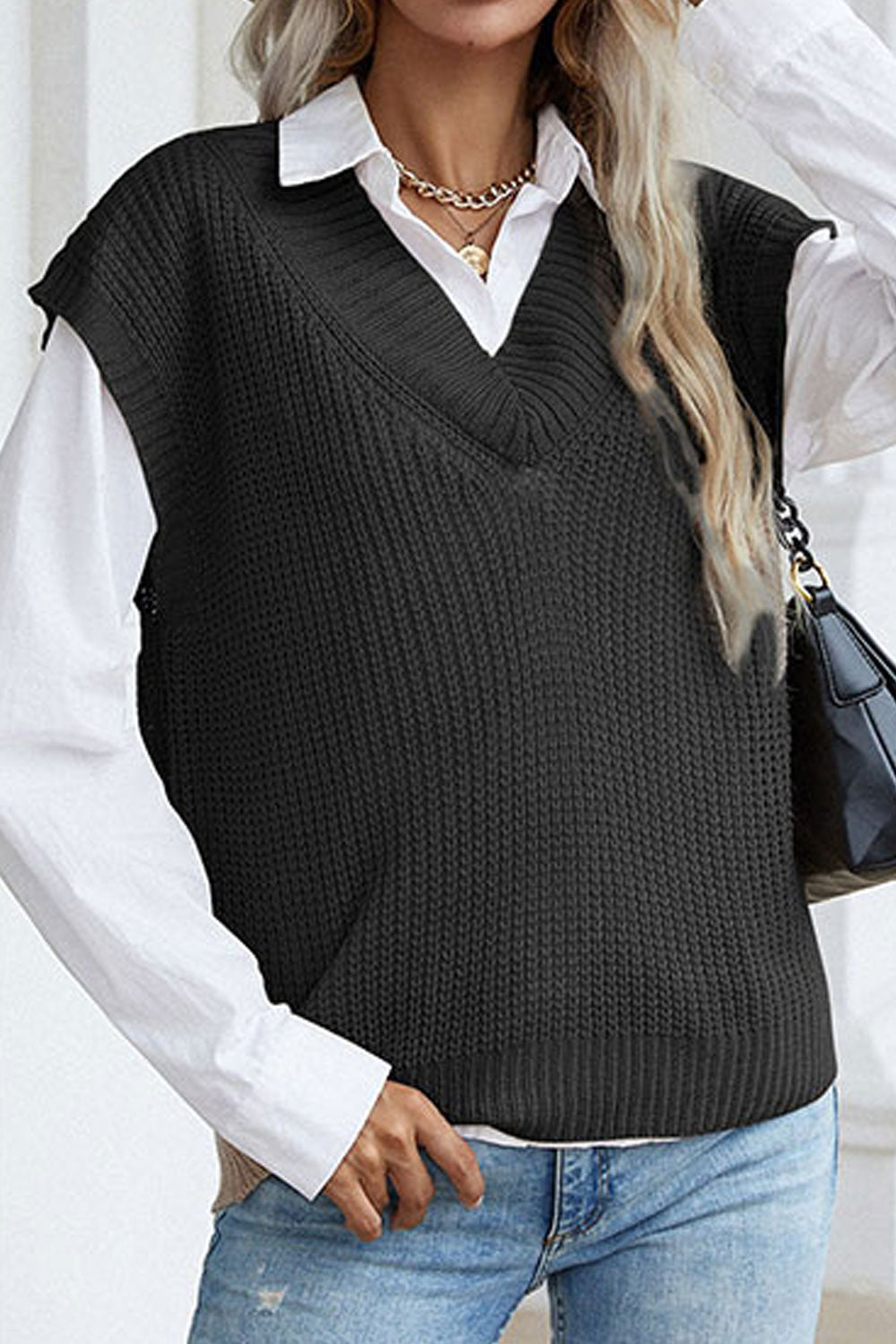 Women Awesome Solid Colored V-Neck Thick & Warm Pullover Winter Sleeveless Sweater