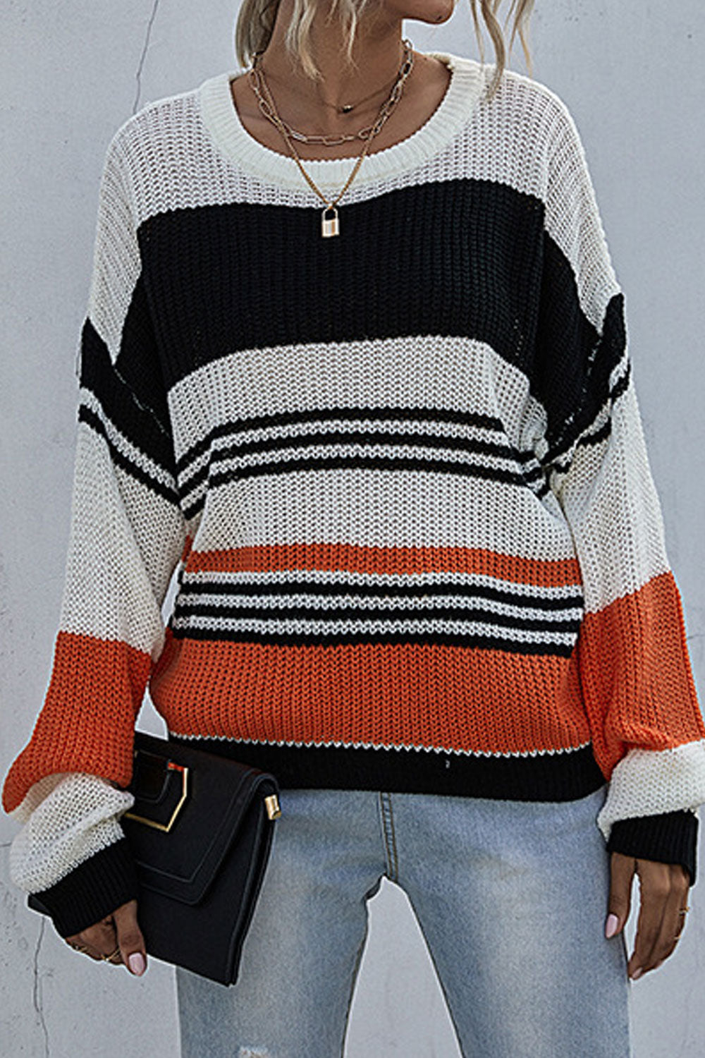 Women Loose Long Sleeve Superb Striped Pattern Easy Round Neck Fashion Casual Sweater