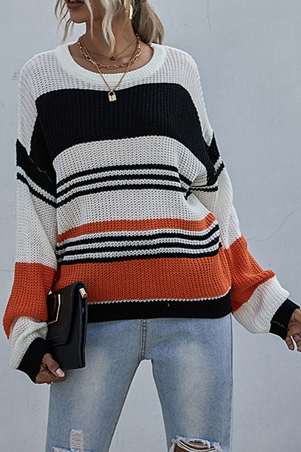 Women Loose Long Sleeve Superb Striped Pattern Easy Round Neck Fashion Casual Sweater
