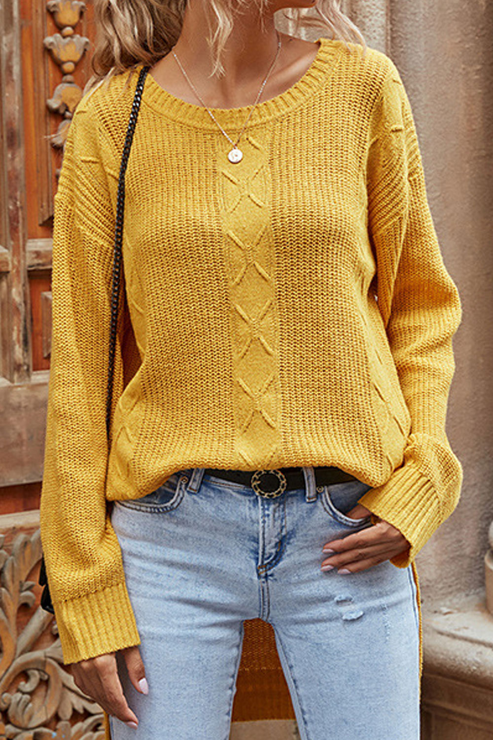 Women Split Styled Trendy Solid Colored Long Sleeve Easy Round Neck Mid-Length Pullover Sweater