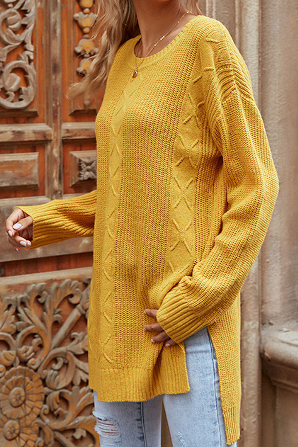 Women Split Styled Trendy Solid Colored Long Sleeve Easy Round Neck Mid-Length Pullover Sweater