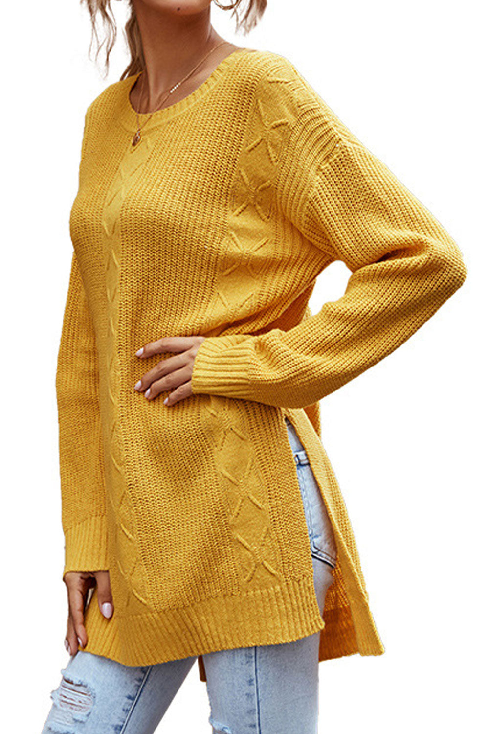 Women Split Styled Trendy Solid Colored Long Sleeve Easy Round Neck Mid-Length Pullover Sweater