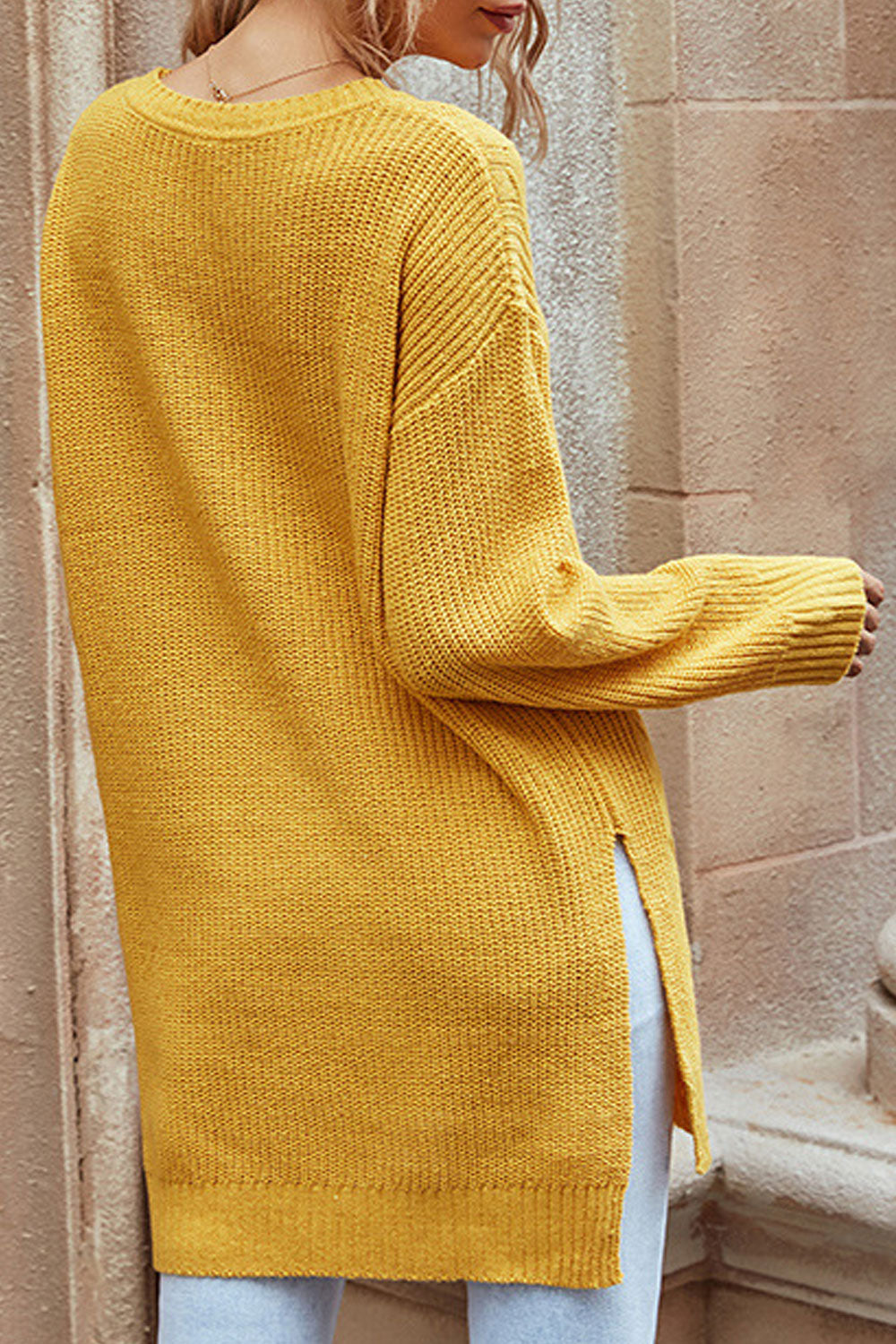 Women Split Styled Trendy Solid Colored Long Sleeve Easy Round Neck Mid-Length Pullover Sweater