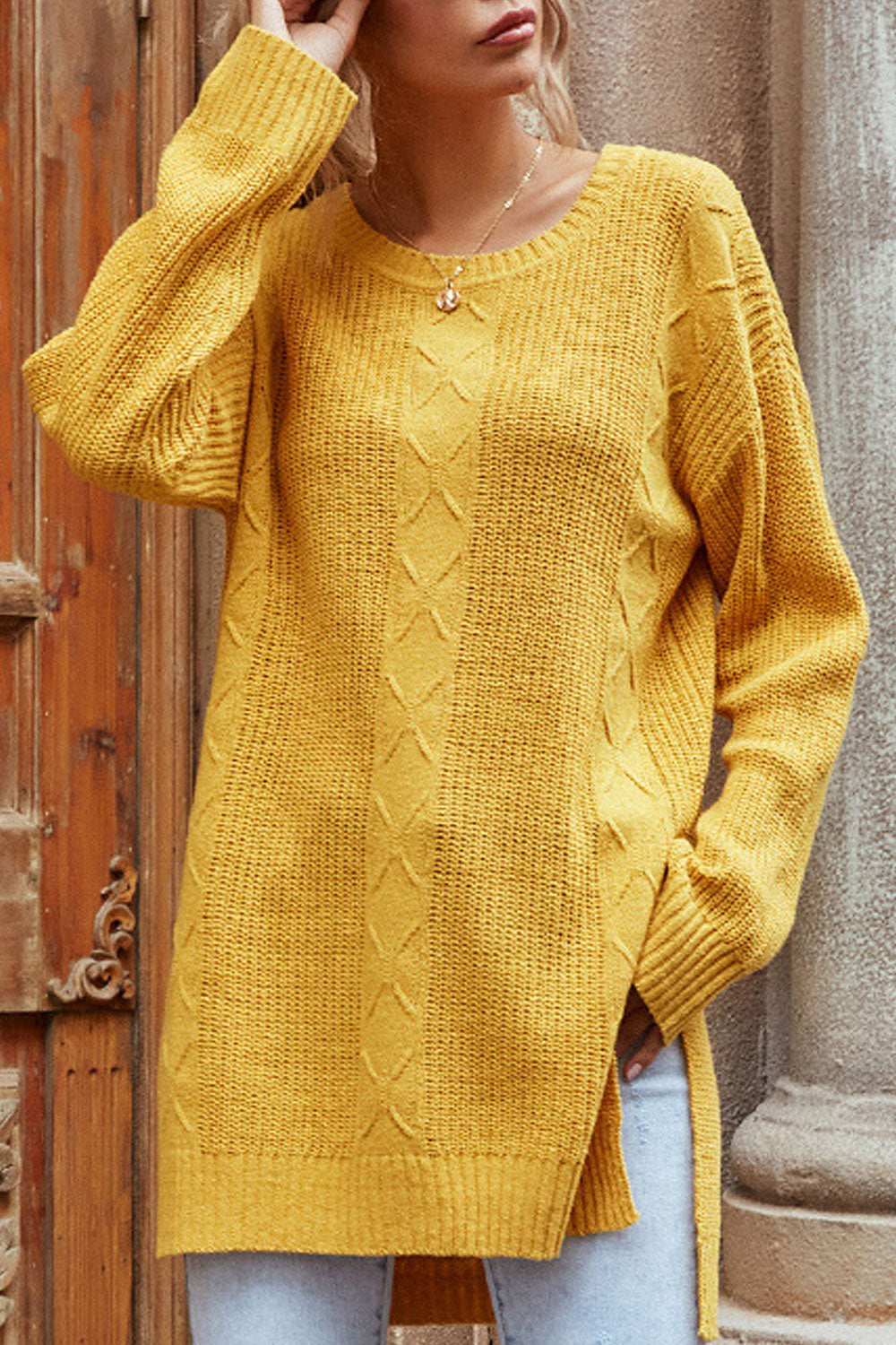 Women Split Styled Trendy Solid Colored Long Sleeve Easy Round Neck Mid-Length Pullover Sweater