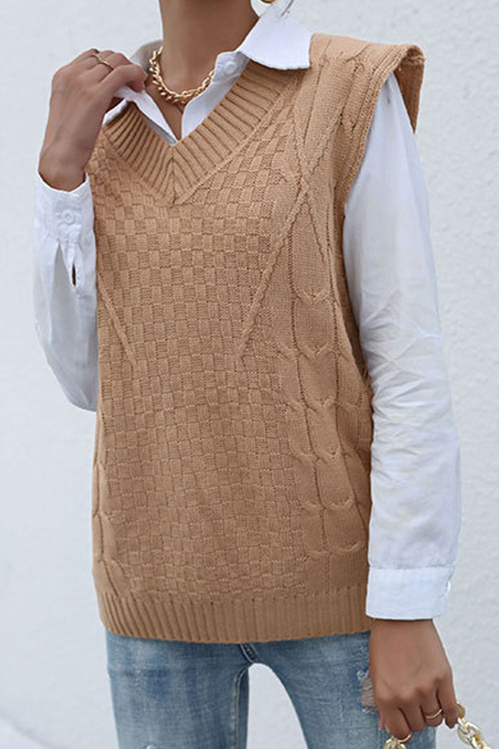 Women Sleeveless Restful V-Neck Splendid Solid Colored Windbreaker Casual Sweater